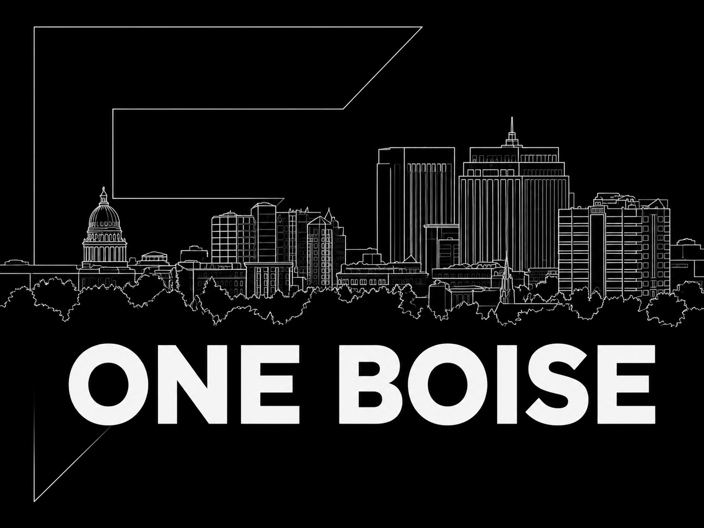 The One Boise cover: the Boise skyline drawn in white line on black, with the party mark and the words ONE BOISE.